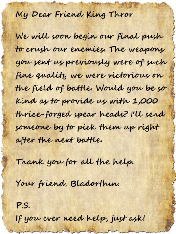 A picture of an imaginary letter King Bladorthin might have written to King Thror just before his last battle.