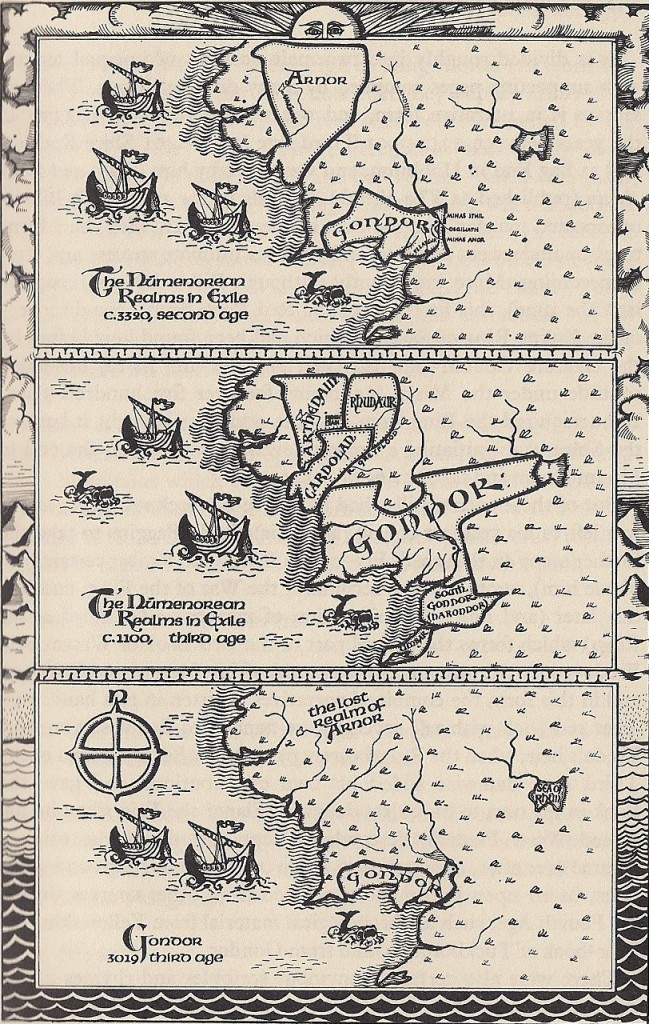 J.E.A. Tyler used highly stylized maps to depict the changing borders of the Numenorean realms in exile throughout the Third Age.