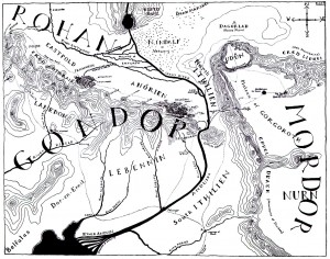 The map of Gondor and Mordor shows several roads that do not appear on the larger map of Middle-earth.