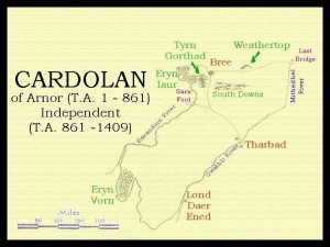 Map of Cardolan, the second of three Dunadan kingdoms in Eriador in the middle of the Third Age.