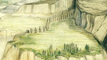 Fragment of 'Dunharrow' illustration by J.R.R. Tolkien showing the Pukel-men statues carved by ancient Drugs.