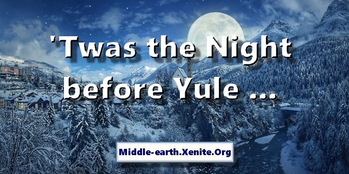 A snow covered village at night under the words Twas the Night before Yule ...