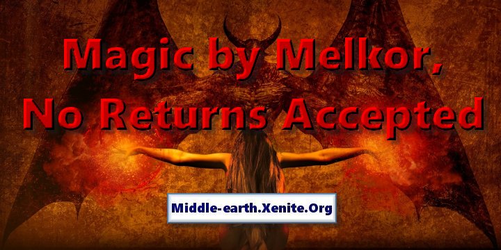 An artistic rendering of a witch kneeling before Satan under the words 'Magic by Melkor, No Returns Accepted'.