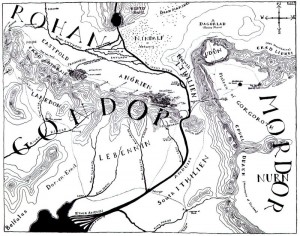 The map of Gondor drawn by Christopher Tolkien shows the road Aragorn followed from Erech to Pelargir but includes no scale line.