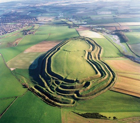 Maiden Castle, an ancient English hill with a barrow.