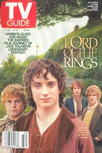 Sean Astin, Elijah Wood, Dominic Monaghan, and Billy Boyd pose as Hobbits on the cover of a special edition of TV Guide Magazine.