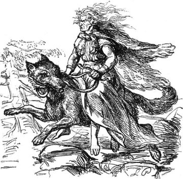 The giantess Hyrrokkin from Norse myth rides a wolf to Baldr's funeral