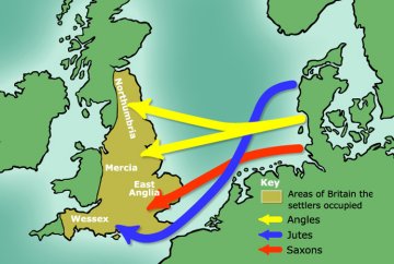 Where the Angles, Jutes, and Saxons came from and settled in Britain.