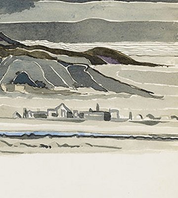 A section of a water color illustration showing the ruins of the town of Dale at night.