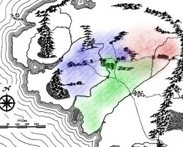 Map of Eriador using color shading to approximate where Arthedain, Cardolan, and Rhudaur were established.