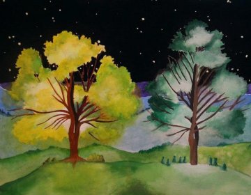A fan-made painting of the Two Trees of Valinor.
