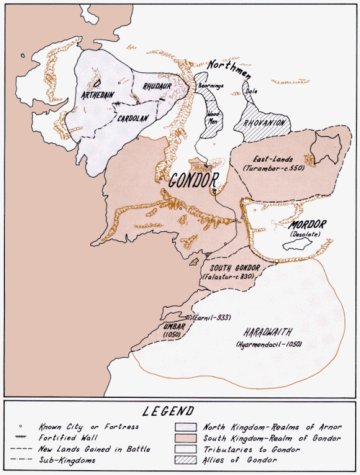 A scan of a map by Karen Wynn Fonstad showing Gondor at its height and the three northern kingdoms of the Dunedain.