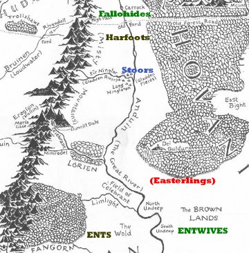 A partial map of Middle-earth showing approximate homelands for Ents, Entwives, and Hobbits.