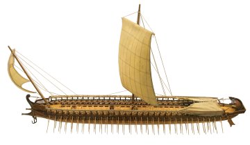 A picture of a model of an ancient Greek Trireme, which may have influenced J.R.R. Tolkien's ideas for ships in Middle-earth.