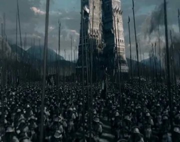 A picture of Saruman's army massed before the tower of Orthanc in Isengard from 'The Lord of the Rings: The Two Towers'.