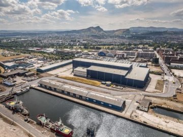 An aerial view of the warehouse at Port of Leith, Edinburgh, Scotland