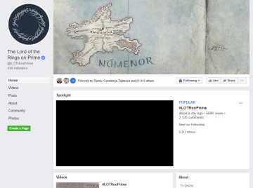 Facebook page for Amazon Lord of the Rings Show