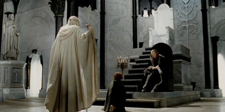 Gandalf and Pippin go before Denethor, Ruling Steward of Gondor.