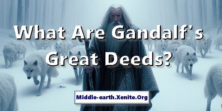 An artistic rendering of Gandalf walking through a bilzzard amid a pack of wolves under the words 'What Are Gandalf's Great Deeds?'